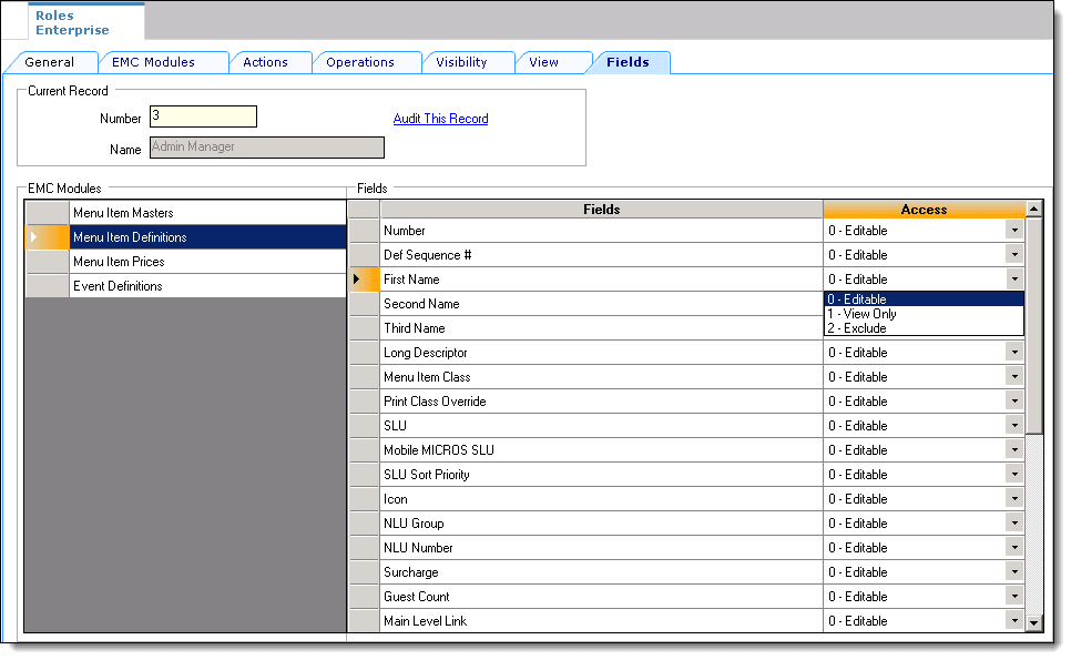 This figure shows the Roles module and its Fields tab.