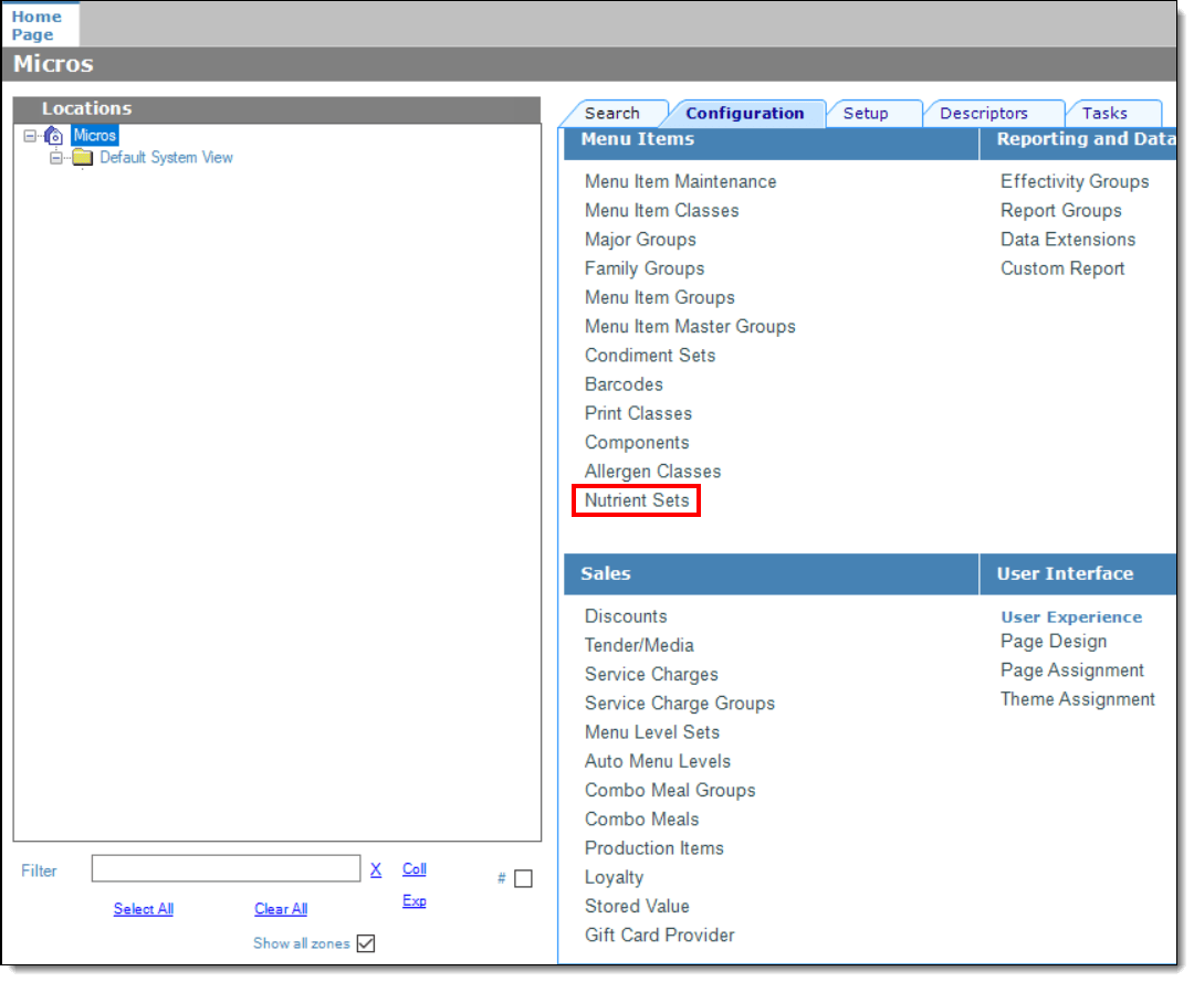 This figure shows the EMC’s Nutrient Sets link.