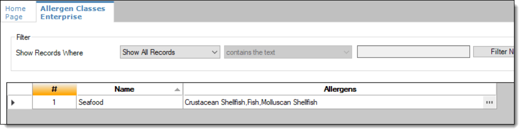 This figure shows the Allergen Classes module in table view.