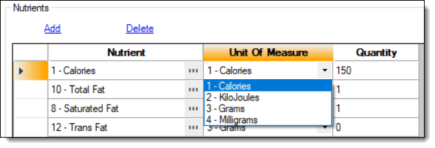 This figure shows the drop-down list of the units of measure column to add to the Nutrient Sets module.