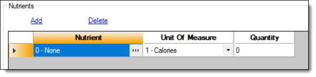 This figure shows adding nutrient information to the Nutrient Sets module in table view.