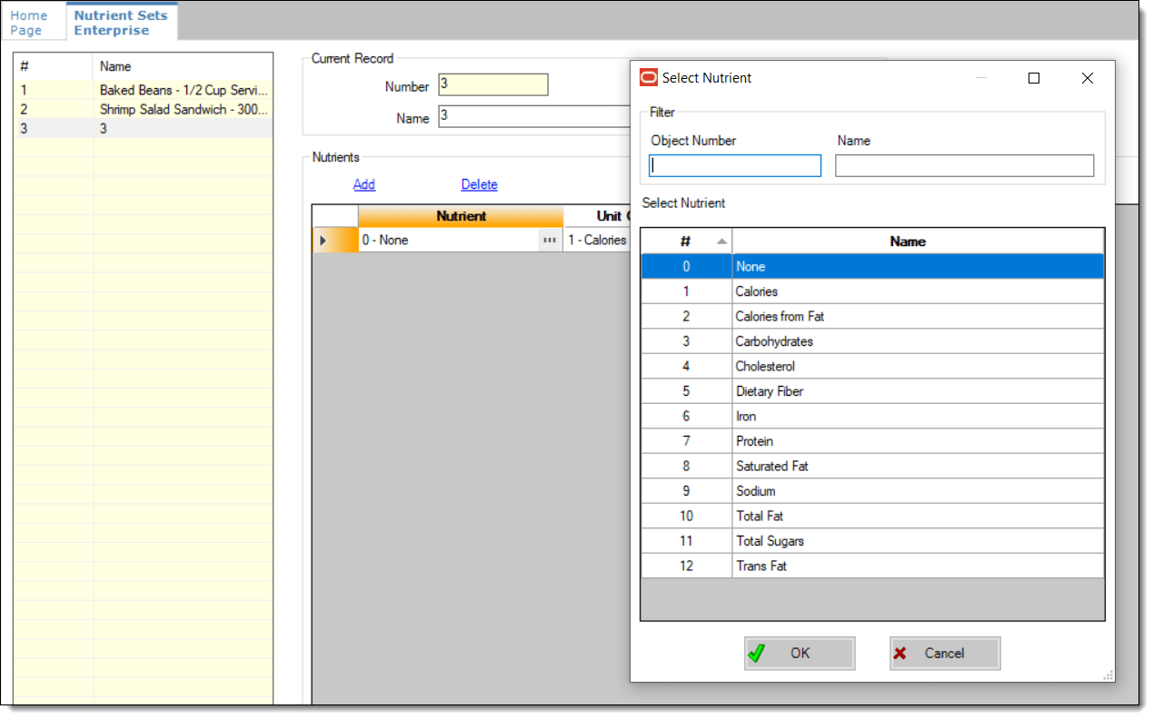 This figure shows the drop-down list of nutrients to add to the Nutrient Sets module.