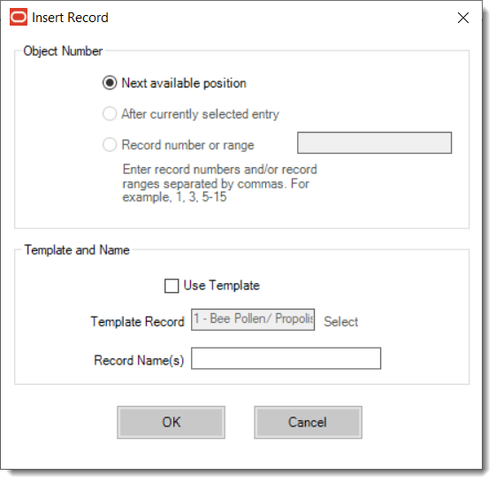 This figure shows an insert record window for adding Allergen Names.