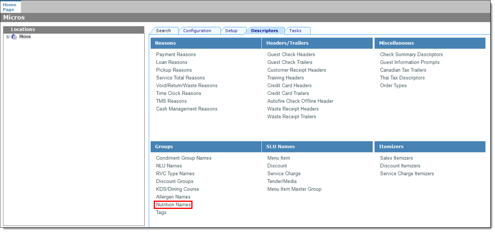 This figure shows the EMC Descriptors tab Nutrition Names link.