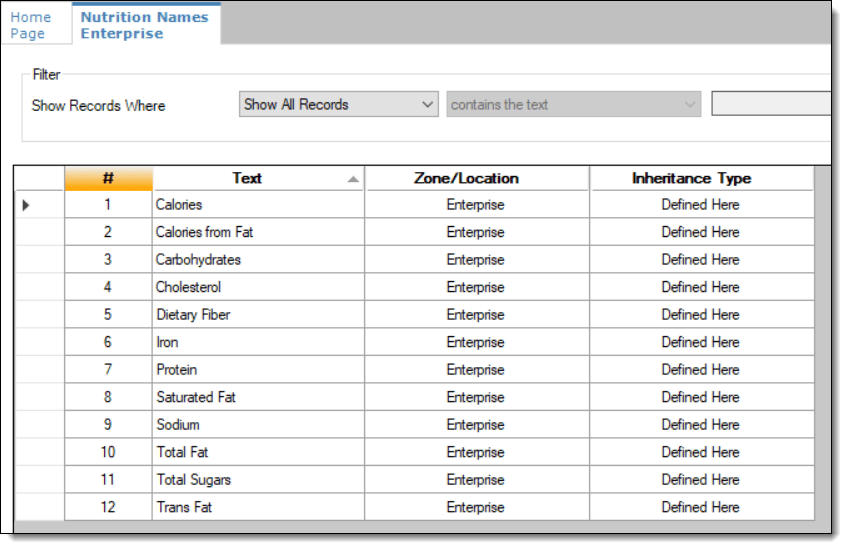 This figure shows the pre-configured Nutrition Names.