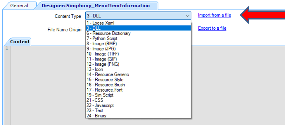 This image shows the Content Type drop-down list and arrow pointing to the Import from a file link.
