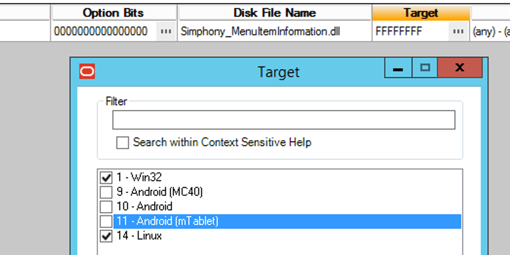 This image shows the Target dialog with 1 - Win32 and 14 - Linux selected.