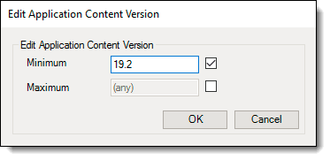This figure shows the Extension Application minimum and maximum Simphony version configuration window.