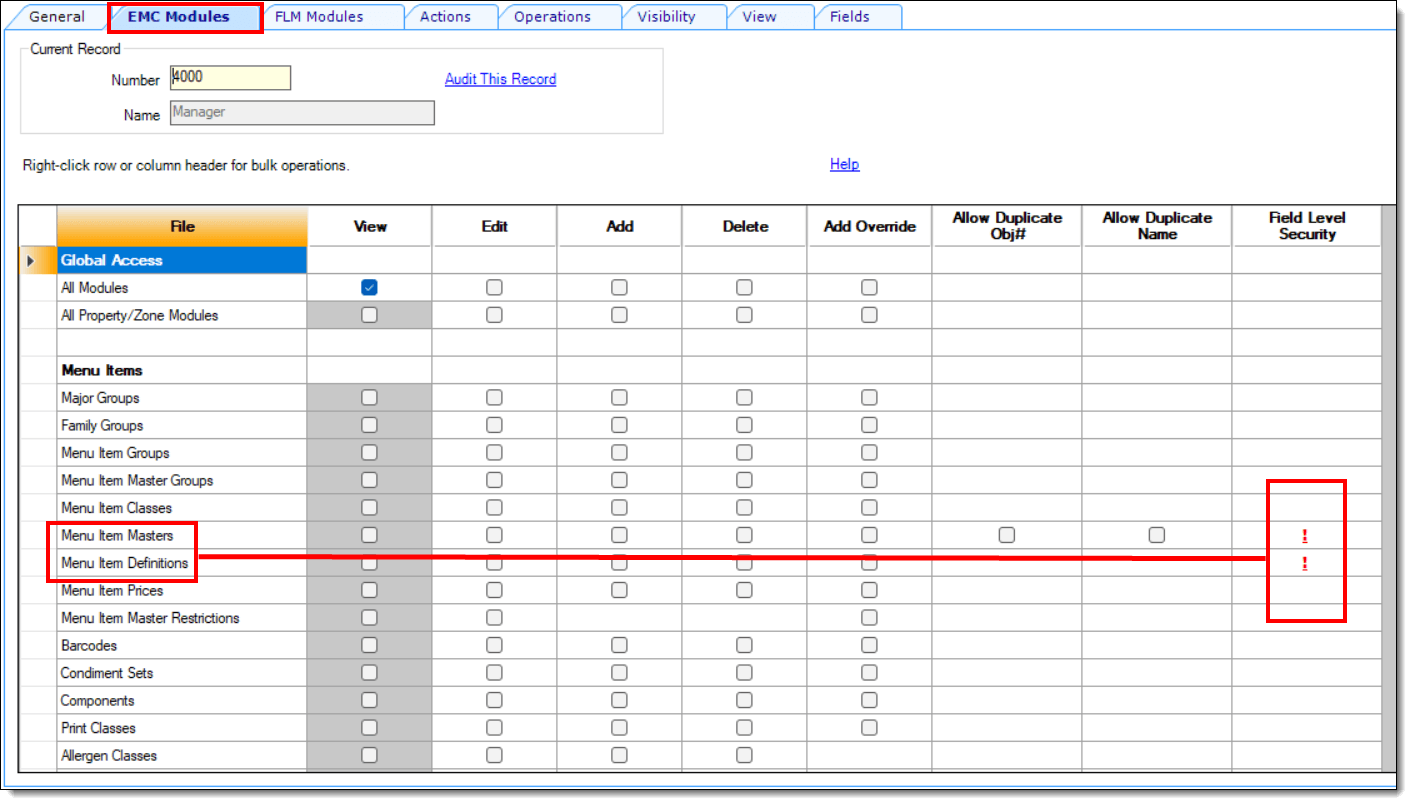 This figure shows the Roles module, specifically the EMC Modules tab and the restriction indicators which show in the Field Level Security column.