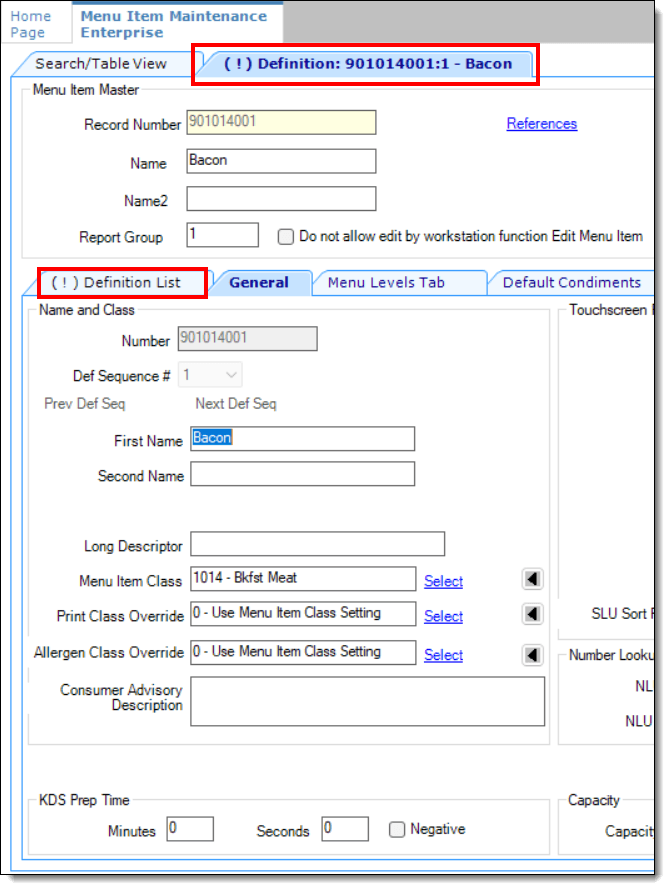 This figure shows the form view of the MI Definition module, specifically the restriction indicators which are showing on two of this MI Definition record’s tabs.