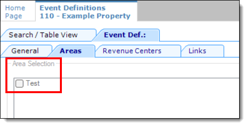 This figure shows the Event Definitions module and the grayed out Areas tab field which has restricted access as configured from the Roles module via the Fields tab.