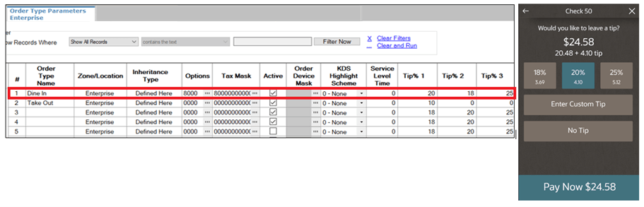 This figure shows the Order Type Parameters module with suggested ip percentages indicated in red outline.