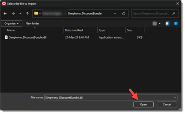 This figure shows the extension application module when importing the Simphony_DiscountBundle.dll.