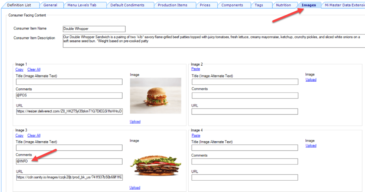 This figure shows the Images tab with an arrow pointing to the Images tab and another arrow pointing to the Comments field. This figure shows the Images tab with an arrow pointing to the Images tab and another arrow pointing to the Comments field.