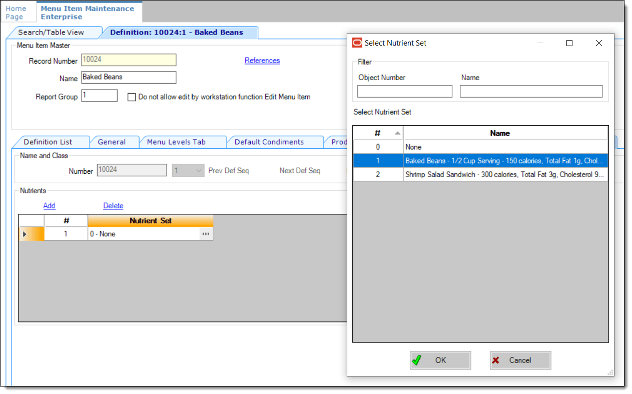 This figure shows the Nutrient Set drop-down list to add to the records Nutrient section.