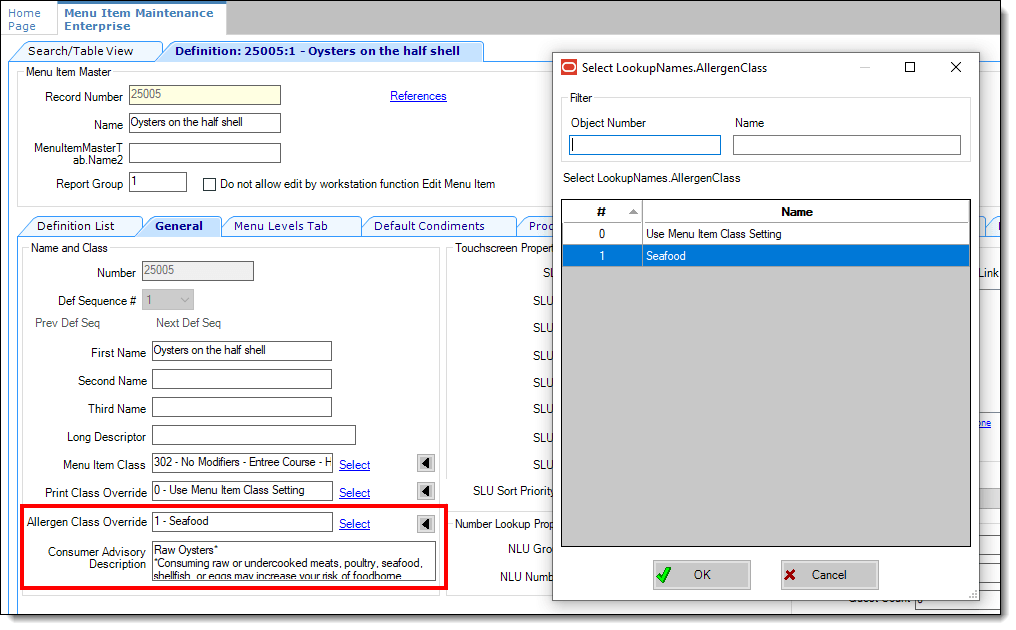 This figure shows the Allergen Class Override and Consumer Advisory Description fields in the Menu Item Definition module in form view.