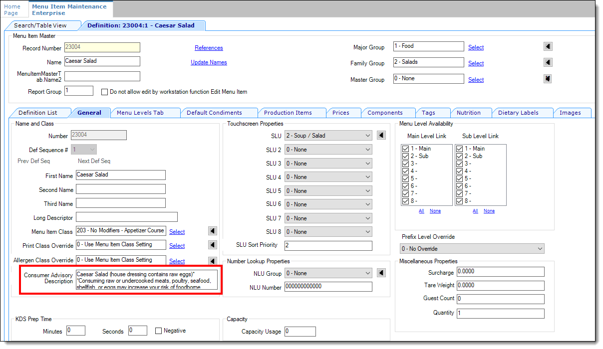 This figure shows the Menu Item Definition record’s Consumer Advisory Description field.