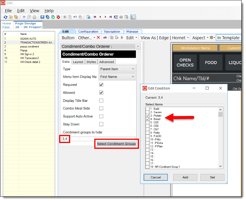 This figure shows the Page Design module Condiment/Combo Orderer section where you can select condiment groups to hide from view.