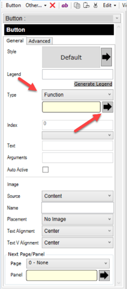 This image shows the Button dialog with arrows pointing to the Type field and the arrow adjacent to it.