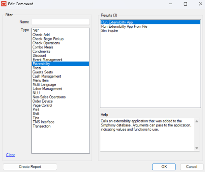 Edit Command dialog with Type and Results options.