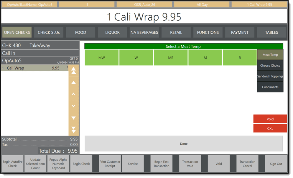 This figure shows the popup condiment orderer screen in the dynamic content area from the workstation.