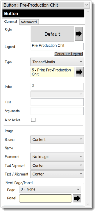 This figure shows the Page Design module and the button configuration for Pre-Production Chit printing.