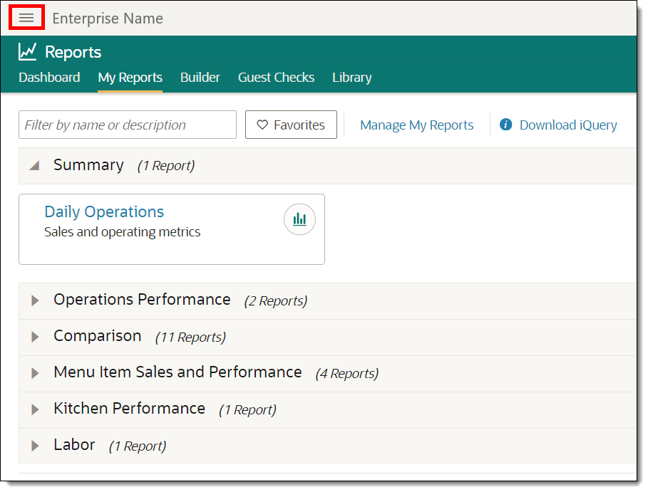 This figure shows the Simphony Reports page including the icon used to access Delivery Connectors.