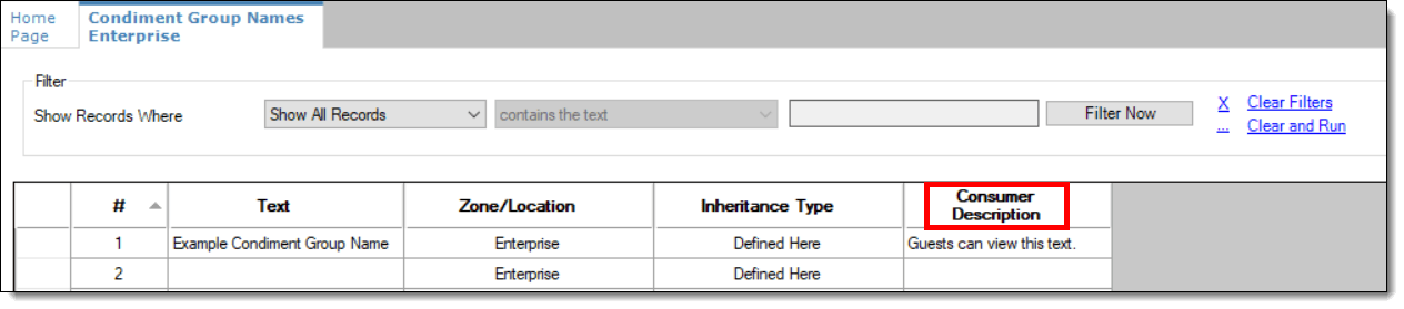 This figure shows the Condiment Group Names consumer description field.