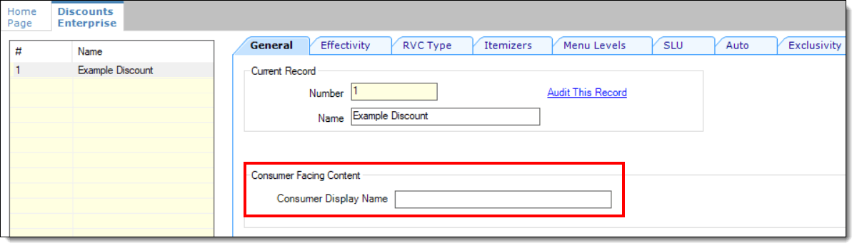 This figure shows the Discount record’s consumer facing content field.