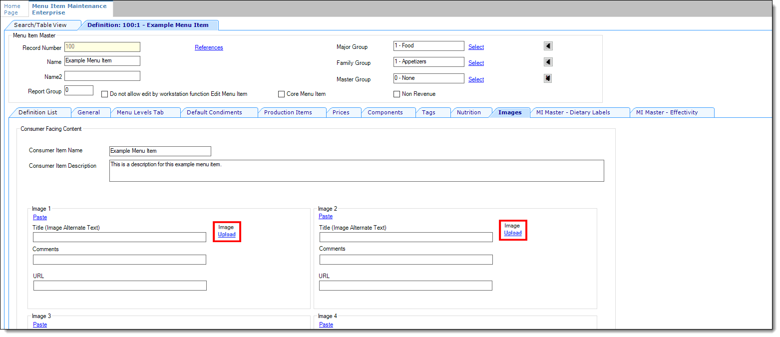 This figure shows the Menu Item Definition Images tab with the active Upload link highlighted.