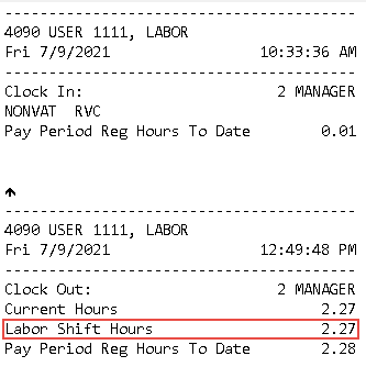 This figure shows a printed time card chit with the Labor Shift Hours indicated with a red rectangle.