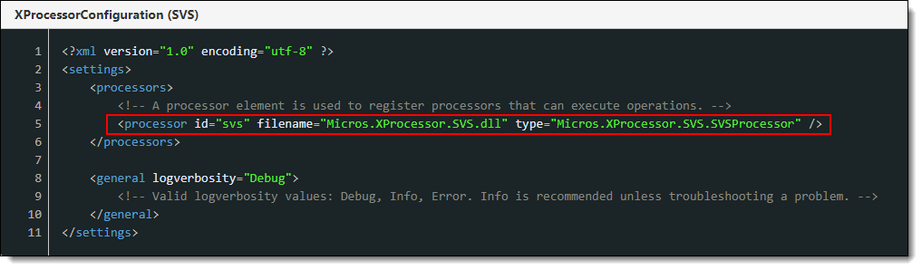 This figure shows the XProcessor Configuration processor id entry for the SVS Processor, indicated with a red rectangle surrounding the code.