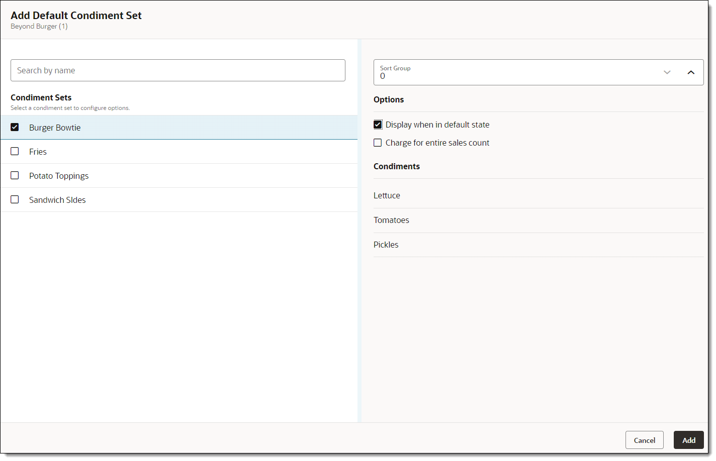 This figure shows the Add Default Condiment Set dialog, where you can set the Condiment Sets and options.
