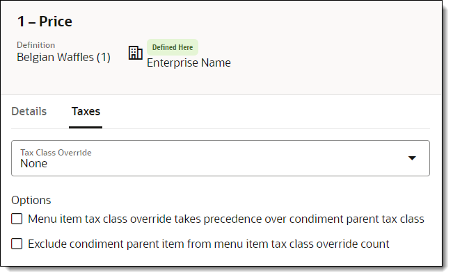 This figure shows the Price Taxes, where you can change the Tax Class Override.