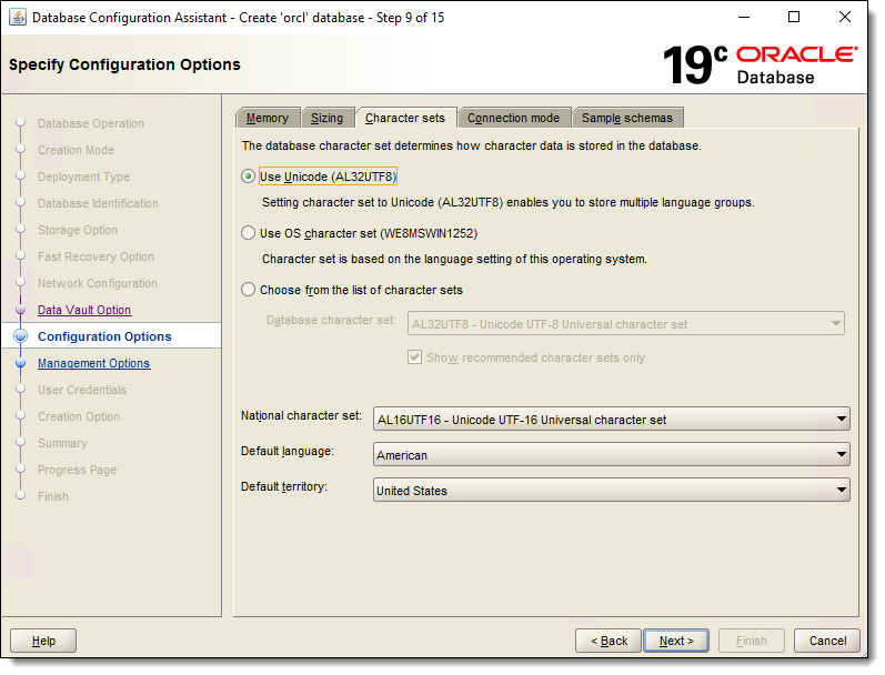 This figure shows the Specify Configuration Options window, specifically the Character sets tab.