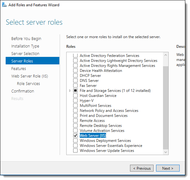 This figure lists the Server Role settings and all of the available services.