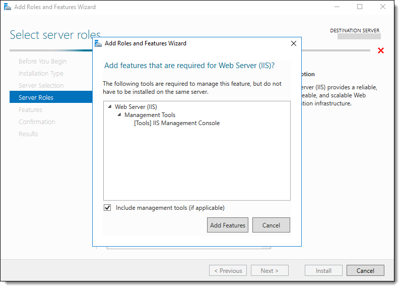 This figure shows the Web Server (IIS) Tools Add Features button.