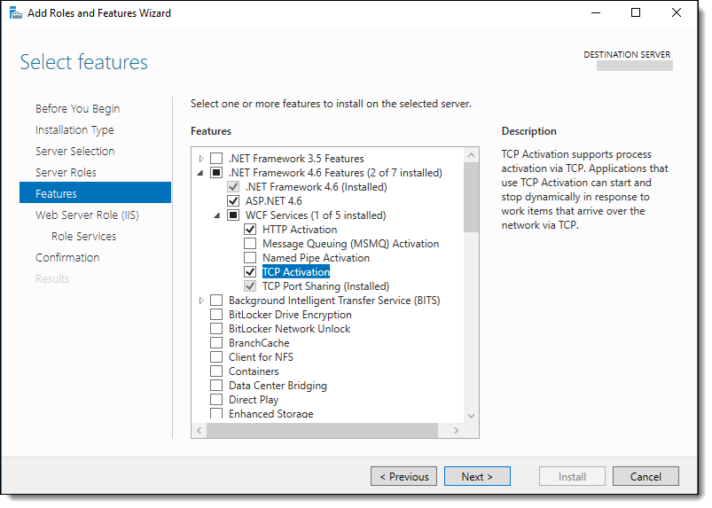 This figure shows the required WCF service settings for enabling Web Server (IIS).