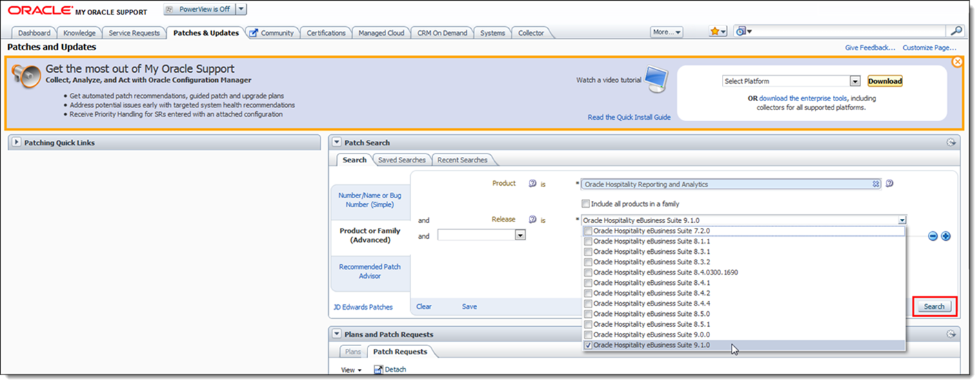 This figure shows the My Oracle Support Patches and Updates window, specifically the Patch Search section. This figure shows the My Oracle Support Patches and Updates window, specifically the Patch Search section.