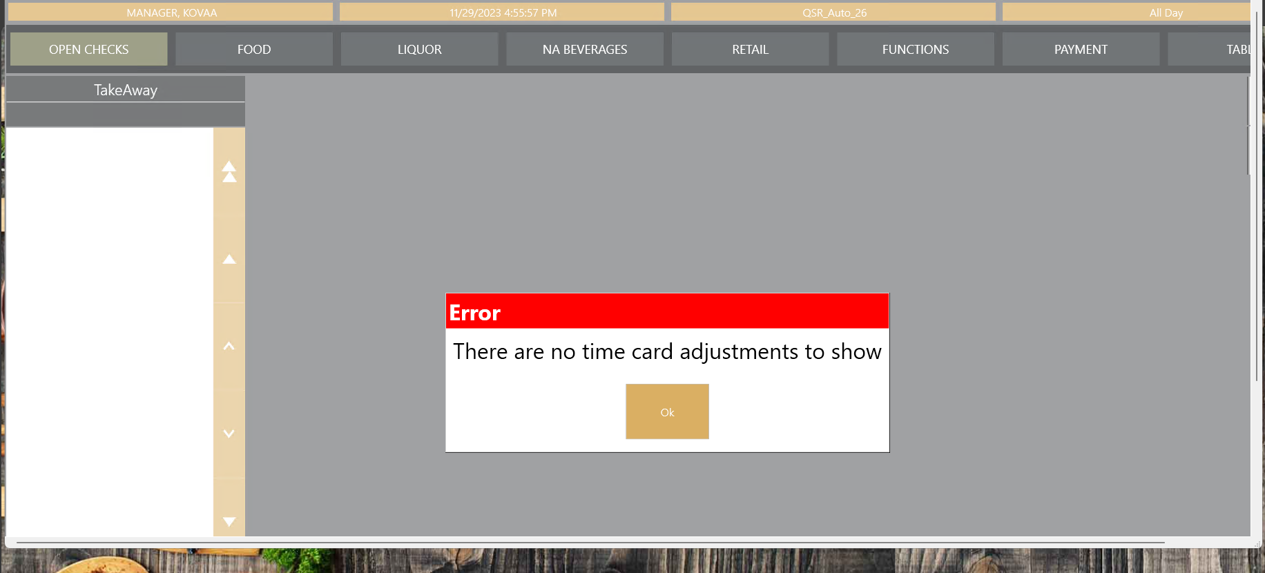 This figure shows the time card adjustment message after clicking Time Card Adjustment Notification, when no changes have been made to the time card.