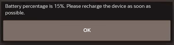 This figure shows the low battery warning message when the battery percentage is greater than 5% and less than or equal to 15%. The operator can click OK. This figure shows the low battery warning message when the battery percentage is greater than 5% and less than or equal to 15%. The operator can click OK.