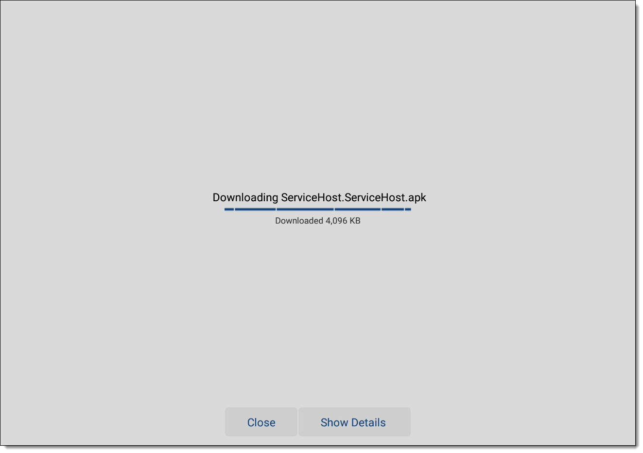 This figure shows the screen that shows the progress of downloading the Android ServiceHost CAL Package to the device.