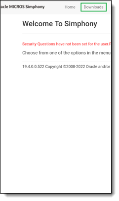 This figure shows the Welcome to Simphony page with the Downloads link indicated at the top of the page.