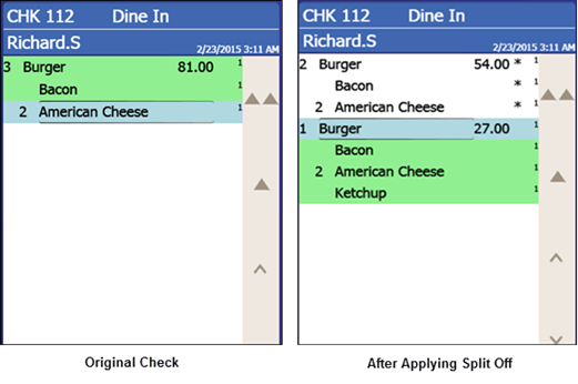 This figure shows an example of a check before and after splitting an item.