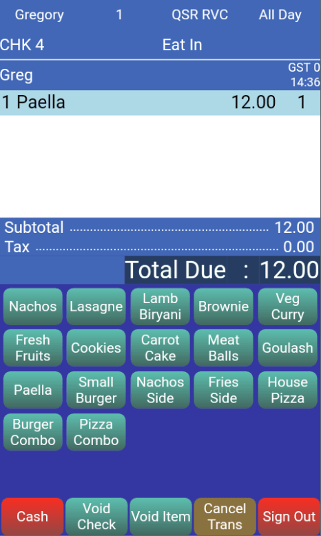 This figure shows the HHT Full Width Check Detail and Simple Button Grid template as it appears on a POS handheld device. This figure shows the HHT Full Width Check Detail and Simple Button Grid template as it appears on a POS handheld device.