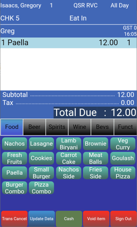 This figure shows the HHT Full Width Check Detail and Tabbed Button Grid template as it appears on a POS handheld device. This figure shows the HHT Full Width Check Detail and Tabbed Button Grid template as it appears on a POS handheld device.