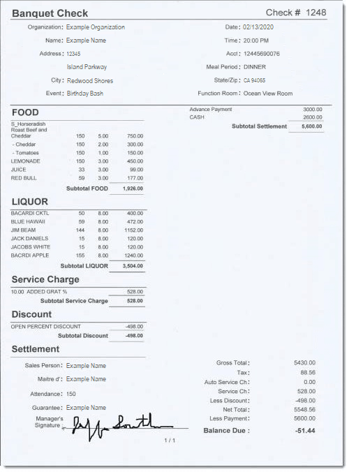 This figure shows an example of a printed banquet guest check as formatted on 8.5 x 11 printer paper. This figure shows an example of a printed banquet guest check as formatted on 8.5 x 11 printer paper.