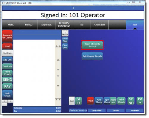 This figure shows how initiate a Banquet Check from the POS workstation using the Begin Check By Prompt button.