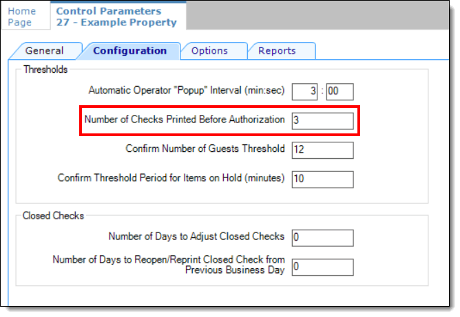 This figure shows the Control Parameters module, which includes the Number of Checks to Print Before Authorization setting.