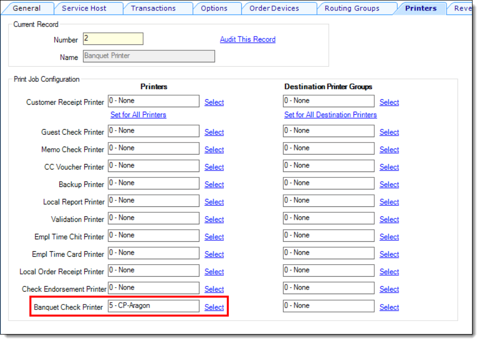 This figure shows assigning the banquet check printer in the Simphony EMC Workstations module.